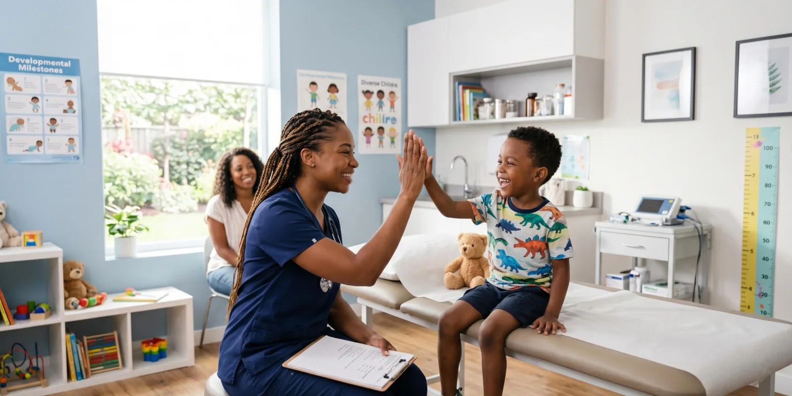 A clinician reassuring a child during a consultation